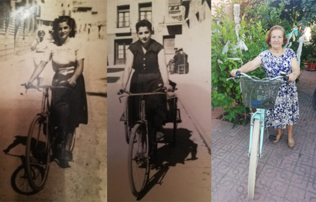 María Sanz, con su bicicleta, en tres momentos de su vida